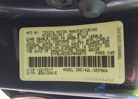 2012 Toyota Corolla S from USA, damaged, VIN 5YFBU4EE8CP046873